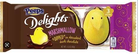 yellow chick-shaped marshmallow peeps dipped in dark chocolate