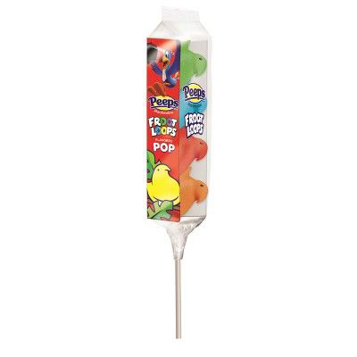 four brightly colored chick-shaped marshmallow peeps stacked on a lollipop stick