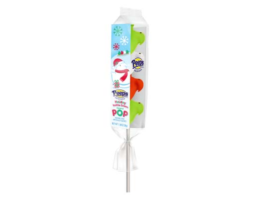 four red, green, and white chick-shaped marshmallow peeps stacked on a lollipop stick