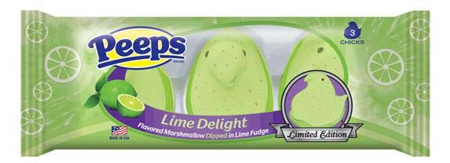 pale green chick-shaped marshmallow peeps flecked with green and dipped in lime fudge