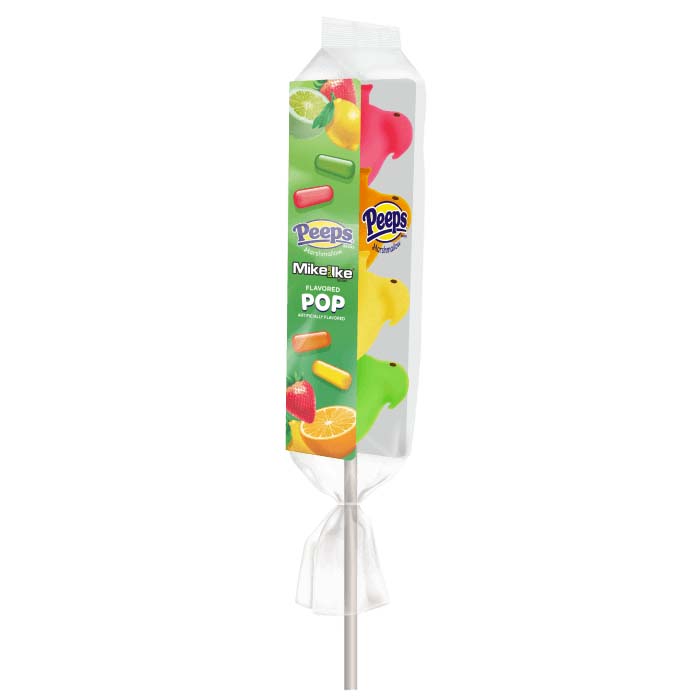 four brightly colored chick-shaped marshmallow peeps stacked on a lollipop stick