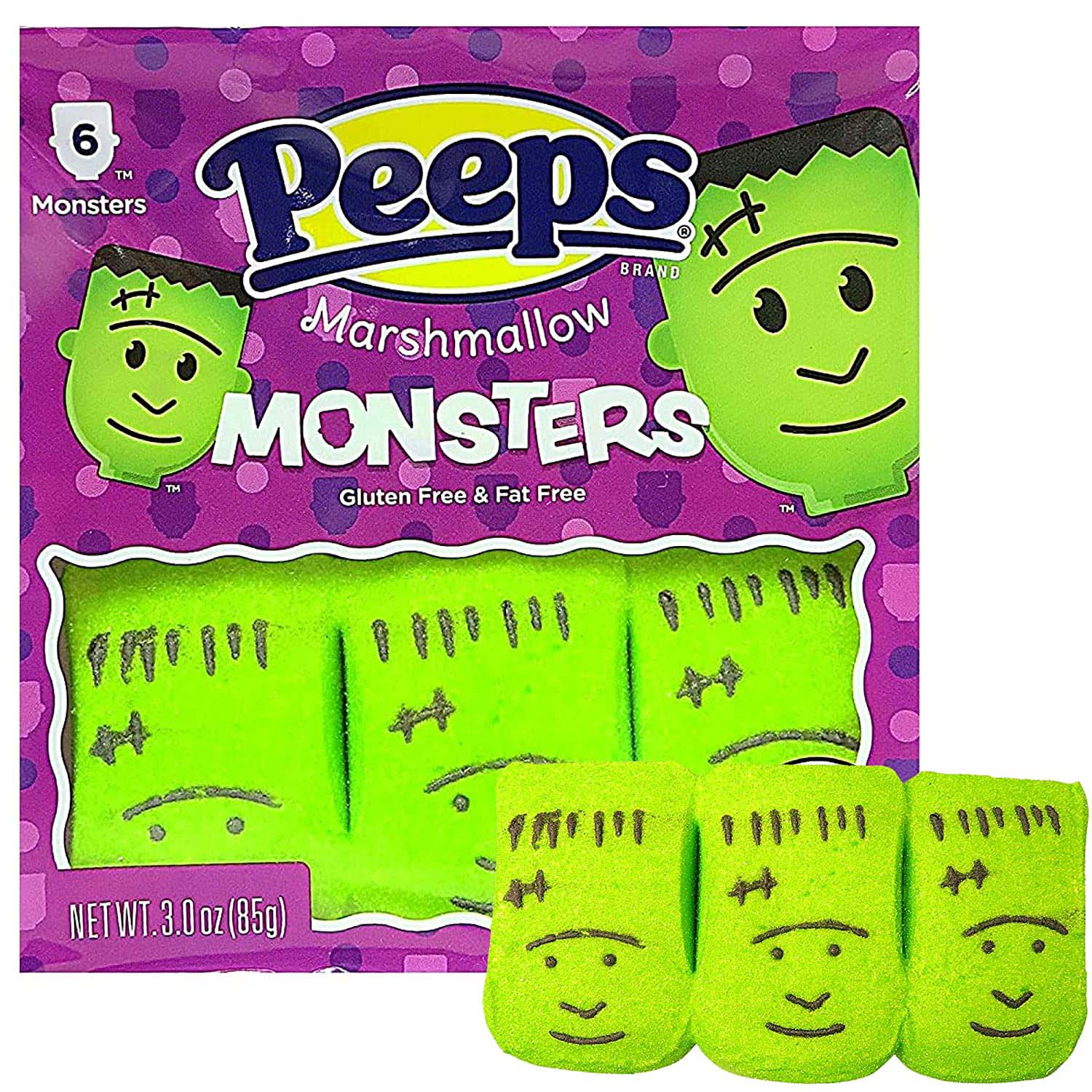 green marshmallow peeps shaped like Frankenstein's Monster's face