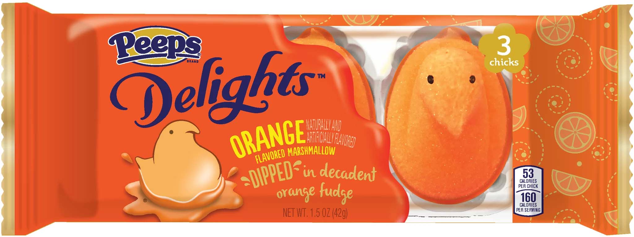 pale orange chick-shaped marshmallow peeps flecked with orange and dipped in orange fudge