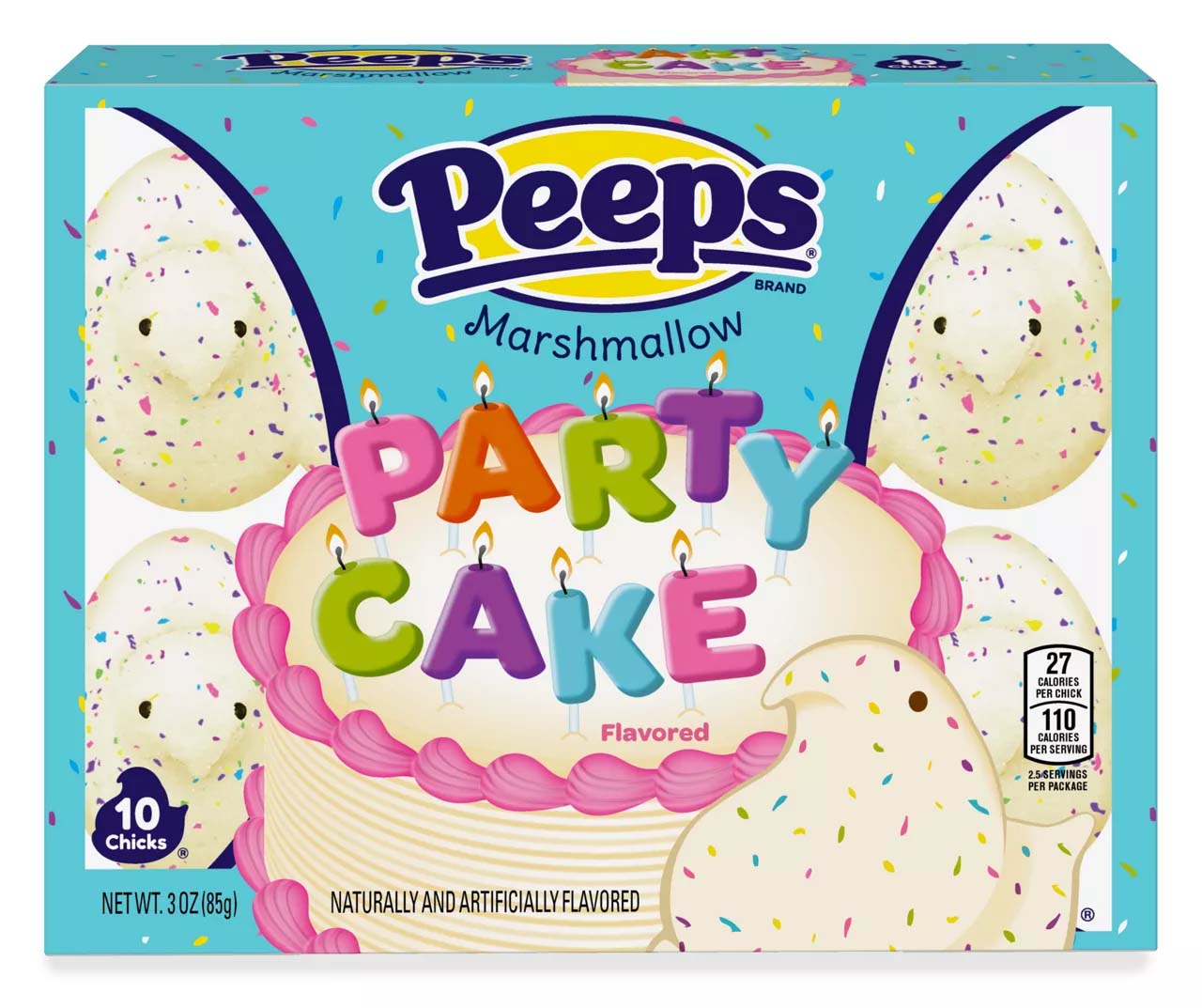 pale yellow chick-shaped marshmallow peeps flecked with rainbow