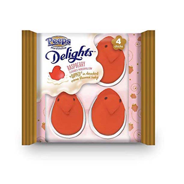 red chick-shaped marshmallow peeps dipped in white fudge