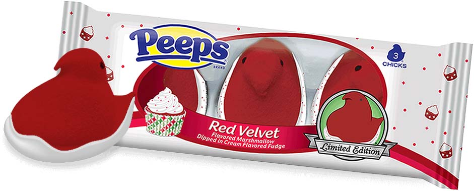 deep red chick-shaped marshmallow peeps dipped in white fudge