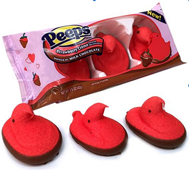 bright red chick-shaped marshmallow peeps dipped in chocolate