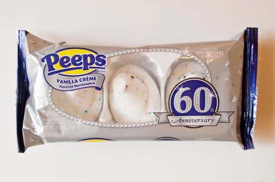 white chick-shaped marshmallow peeps flecked with rainbow